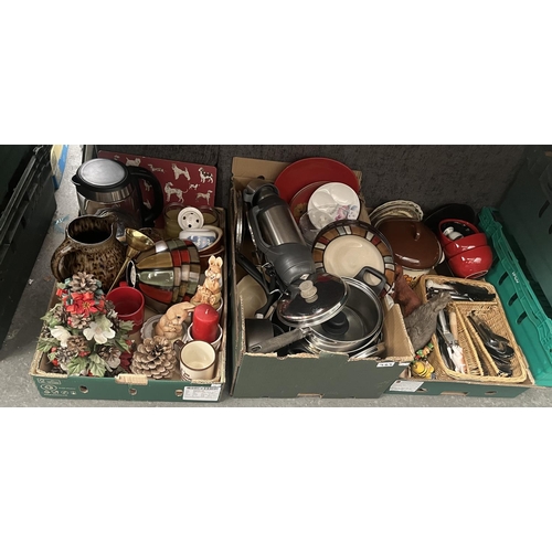 767 - 3 Boxes containing a quantity of home decor and kitchenalia including pans, cutlery etc