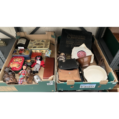 81 - 2 Boxes containing curios including a ceramic jelly mould and Russian folk art bears etc