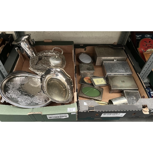 82 - 2 Boxes containing plated ware including jewellery boxes and serving trays