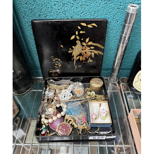 833 - Vintage lacquered box containing curios including a trinket box, jewellery and a Timex watch