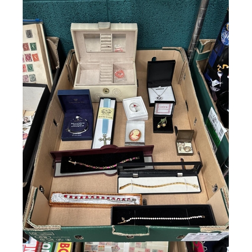 837 - Box containing stone set bracelets, brooches and a Swarovski Crystal Elements heart necklace etc