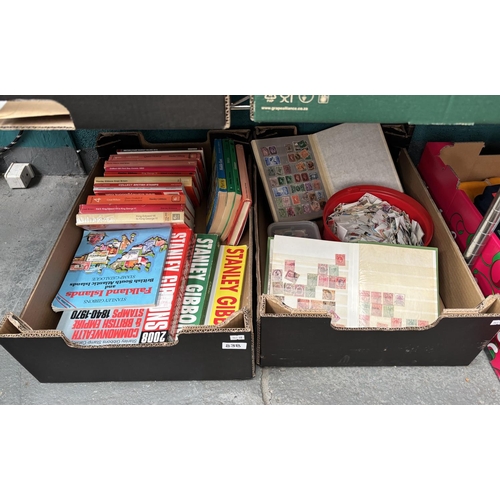 838 - 2 Boxes containing Stanley Gibbons catalogues, a stamp album and a quantity of loose stamps