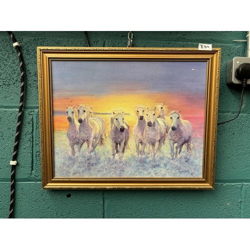 839 - Colourful oil on board by Anne Jose depicting 8 galloping Camargue horses