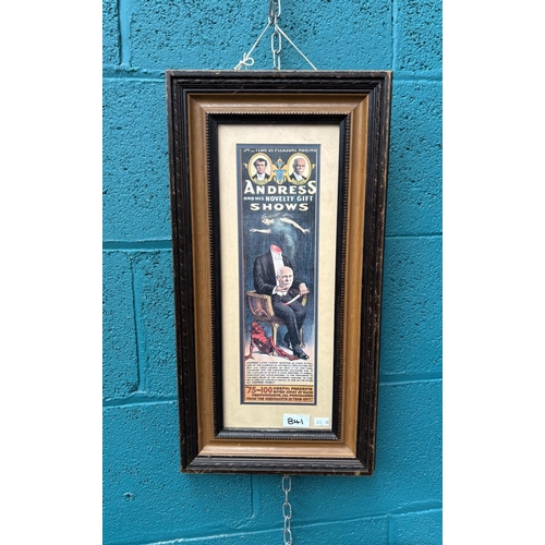 841 - Framed and glazed repro 'Andress And His Novelty Gift Shows' advertisement