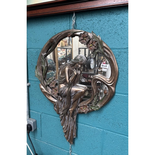 848 - Ornate Art Nouveau style mirror featuring a seated lady and floral decoration