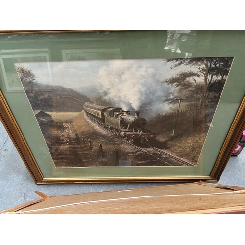 860 - 2 Large framed and glazed locomotive prints including 'Racing The Train' and 'Elegance And Industry'