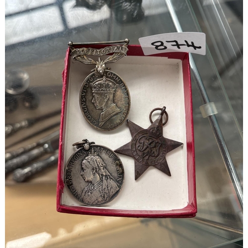 874 - South African Boer War medal, British Territorial Efficiency medal and a WWII Atlantic Star