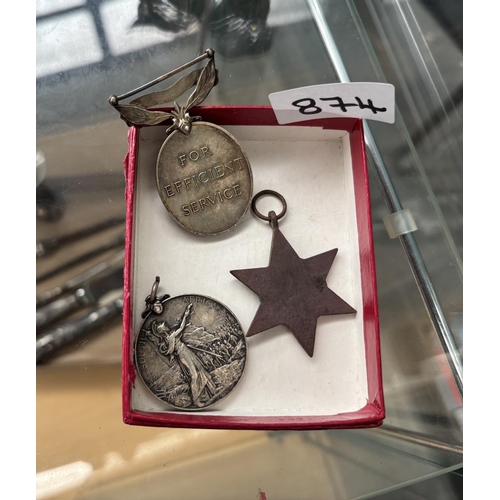 874 - South African Boer War medal, British Territorial Efficiency medal and a WWII Atlantic Star