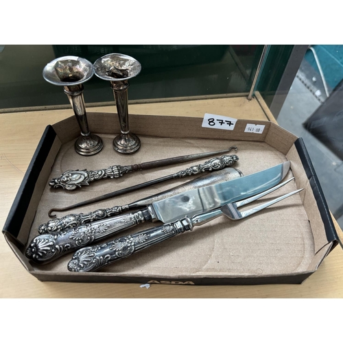 877 - Pair of antique silver bud vases c1911 and a quantity of silver handled cutlery