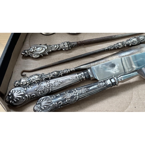 877 - Pair of antique silver bud vases c1911 and a quantity of silver handled cutlery