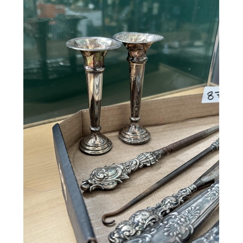 877 - Pair of antique silver bud vases c1911 and a quantity of silver handled cutlery