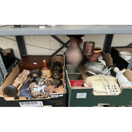 95 - 2 Boxes containing a Murano style fish, lacquerware trinket box and horse brasses etc