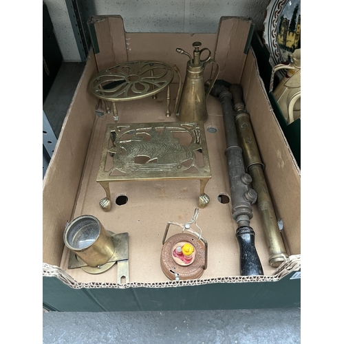 96 - Box containing brass trivets, antique Abol garden sprayers and an atomiser etc