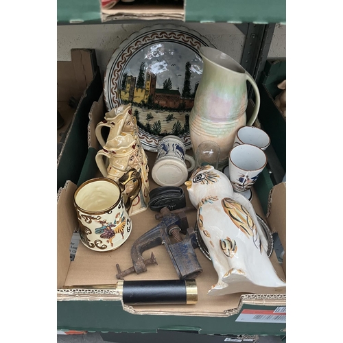 97 - Box containing a H. J. Wood king & Queen jugs and a vintage Beswick mottle glazed jug etc