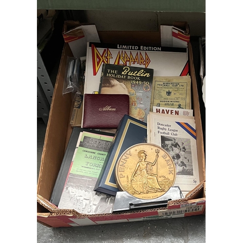 98 - Box containing ephemera, 1949 Butlin Holiday Book and sports programmes