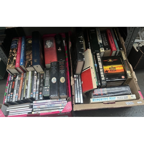 105 - 2 Boxes containing war time books and DVDs including The Western Collection etc