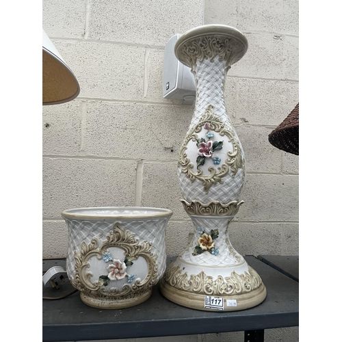 117 - Large ornate Capo Di Monte planter and pedestal