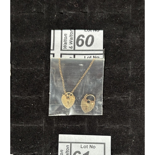 60 - 2 9ct Gold heart padlock clasps with safety chain, 1g - Only 10% buyer's premium