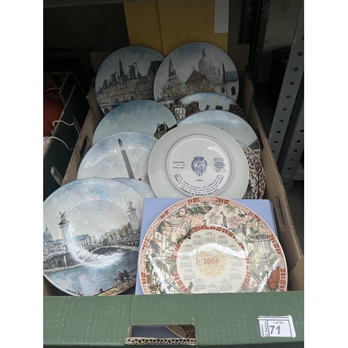 71 - Box containing collector's plates including Wedgwood and Parisian scenes by Limoges