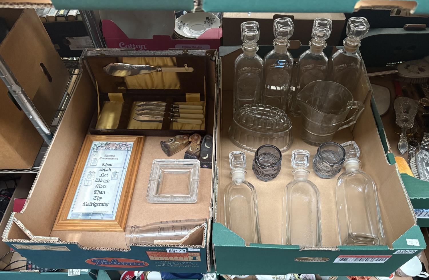 2 Boxes containing a vintage glass jelly mould, apothecary style ...