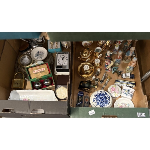 3 Boxes containing an ornate gold effect tea set, clown figures and ...