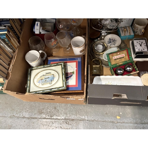 3 Boxes containing an ornate gold effect tea set, clown figures and ...