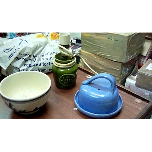 60 - 3 Pcs of Pottery Small Cheese dome, Pottery Retro Lamp needs rewiring, slight chip and a Delft Bowl