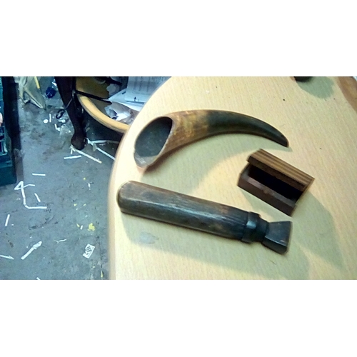 65 - Antique Horn & Wooden Handled Metal Tool & a Wooden & Brass Match Box Holder