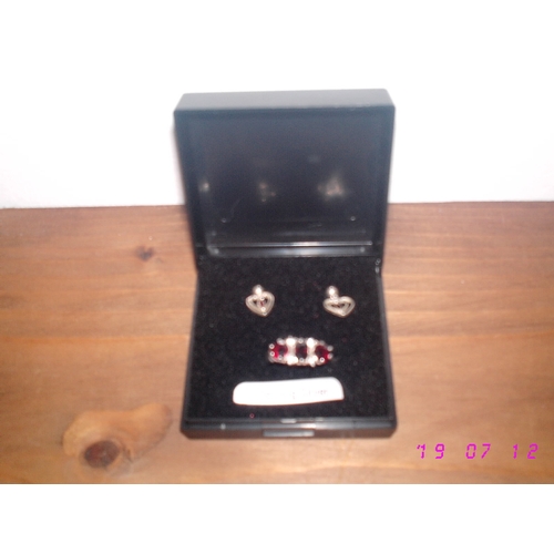 163 - Lovely Sterling Silver Boxed Red Stone Earing and Ring Set