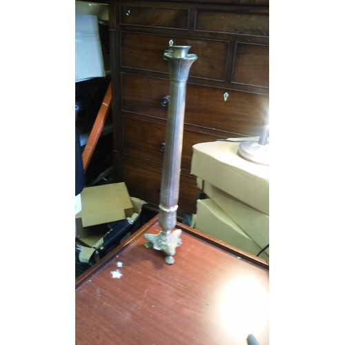 298 - tall 40cm brass pillar candlestick on lion feet