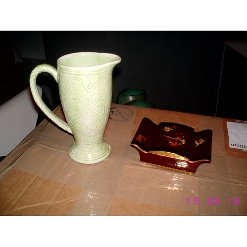 158 - Carlton Ware Rouge Royal lidded trinket dish & Art Deco Royal Art Pottery Jug with Rope Handle & swi... 