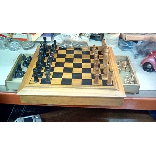 287 - Wooden Chess board with drawers with Matching Chess set missing one pawn, comes with spare chess set... 