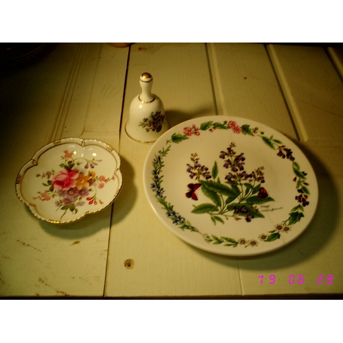 121 - 3 Pcs Of Ceramics inc Royal Crown Derby, Royal Worcester Plate and Small Bell