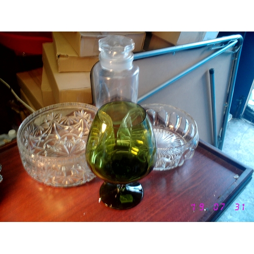 25 - 4 Pcs Of Glass Ware including Retro Vase and Two Large bowls & lidded vintage jar unfortunately crac... 