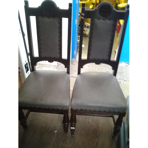 58 - LOVELY PAIR OF EDWARDIAN LOVELY CARVED WOOD DINING CHAIRS WITH STUDDED SEATS with front casters