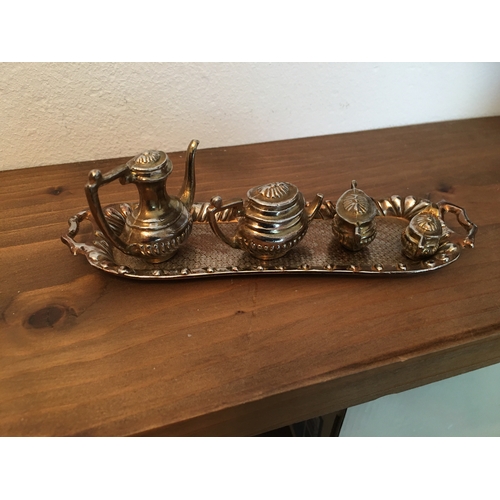 348 - CRACKING MINITURE PLATED COFFEE SET INCLUDING COFFEE POT WATER POT SUGAR AND CREAM 12CM LONG 3CM HIG... 