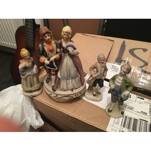 4 - COLLECTION OF FOUR FIGURINES VICTORIAN STYLE AND ONE MUSICAL COUPLE WORKING