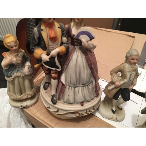 4 - COLLECTION OF FOUR FIGURINES VICTORIAN STYLE AND ONE MUSICAL COUPLE WORKING