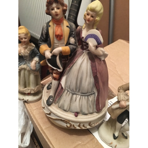 4 - COLLECTION OF FOUR FIGURINES VICTORIAN STYLE AND ONE MUSICAL COUPLE WORKING