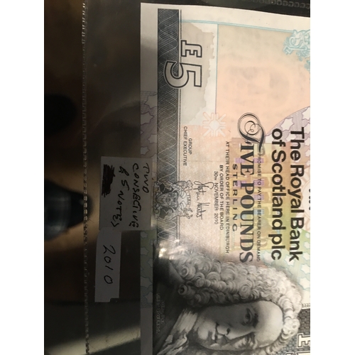 22 - COLLECTABLE TWO BANK OF SCOTLAND £5 notes consective Numbers