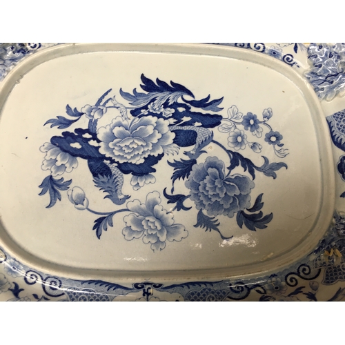 6 - FABULOUS ANTIQUE BLUE AND & WHITE HANDLED PLATTER