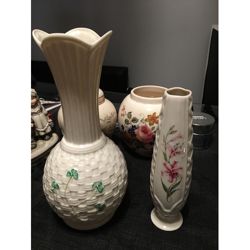 3 - TWO LOVELY PIECES OF BELLEK TALL SHAMROCK VASE 22Ccm tall WITH RED STAMP AND FLORAL SPILL VASE WITH ... 