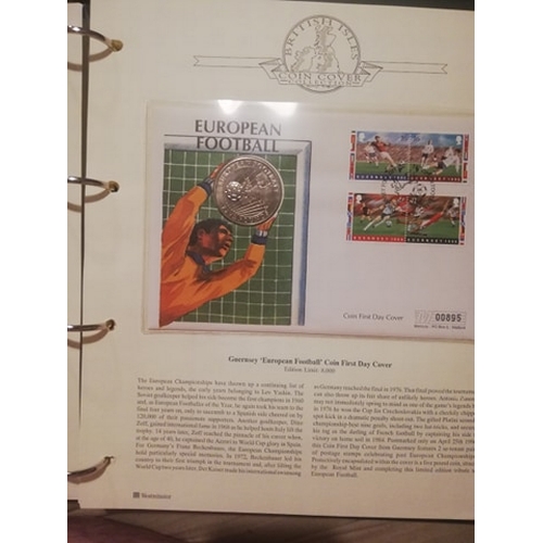 270 - British Isles coin cover collection. 3 1st day covers in a large green folder with information cards... 