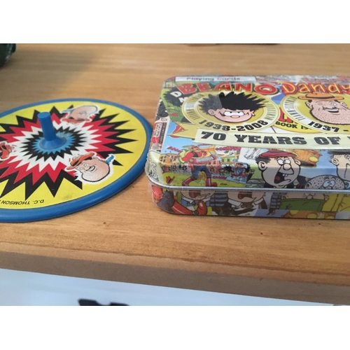 98 - SEALED TIN OF PLAYING CARDS & SPINNING BEANO TOP