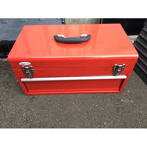 96 - FANTASTIC METAL TOOL BOX WITH GREAT LOT OF TOOLS SOCKETS ETC