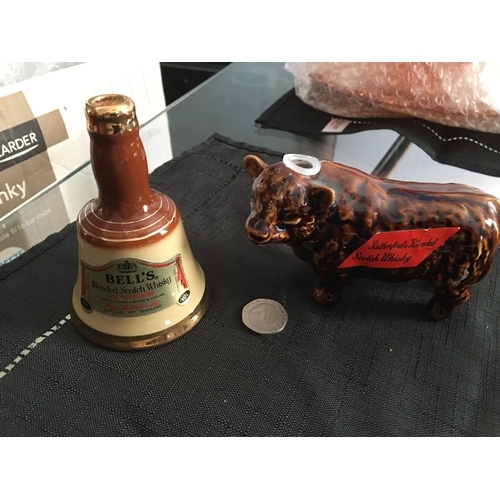 127 - SMALL WADE BELS WHISKY BELL SEEMS FULL BUT NO SEAL, AND RUTHERFORDS WHISKEY HIGHLAND COW EMPTY BOTH ... 