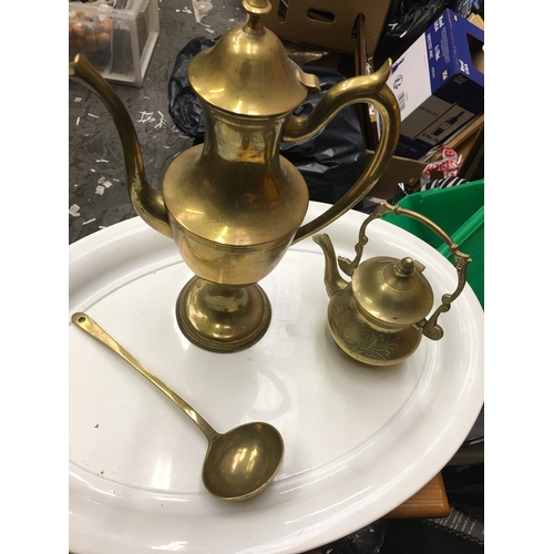 131 - NICE COLLECTION OF BRASS LARGE POURER, LADLE ETC