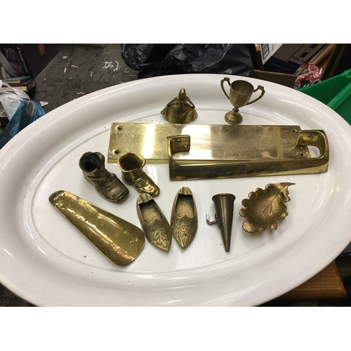 135 - NICE COLLECTION OF BRASS LETTER PLATE,SHOES, CANDLE SNUFFER ETC ETC