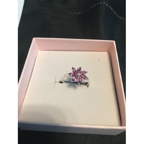 175 - LOVELY SILVER 925 PINK FLORAL RING WITH PRESENTATION BOX