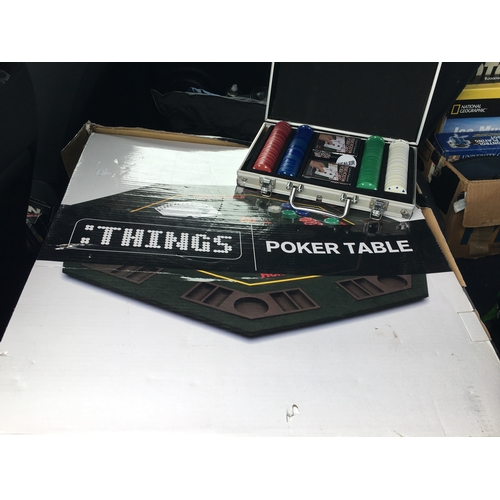 159 - CRACKING BOXED POKER TABLETOP POKER TABLE WITH METAL CASE OF POKER CHIPS AND NEW CARDS X 2 ALL AS NE... 